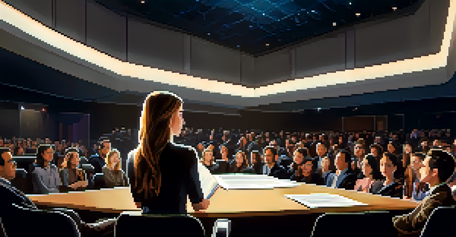 A young woman presenting her screenplay on stage to a panel of industry professionals in an auditorium.