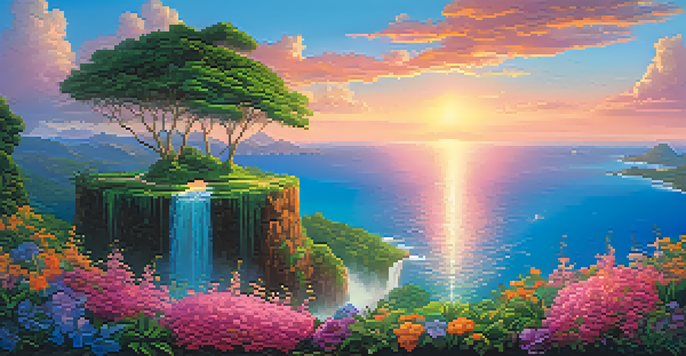 A colorful fantasy landscape with a floating island, lush greenery, and a sunset sky.