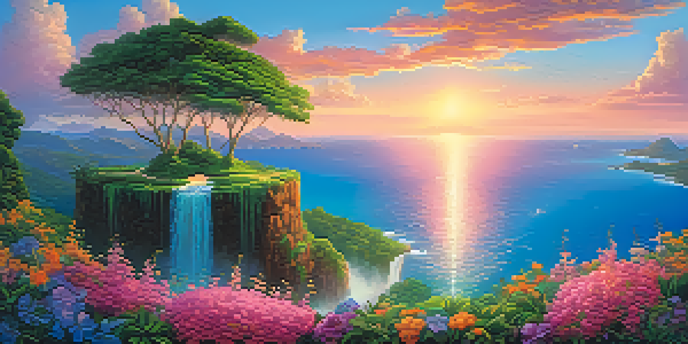 A colorful fantasy landscape with a floating island, lush greenery, and a sunset sky.