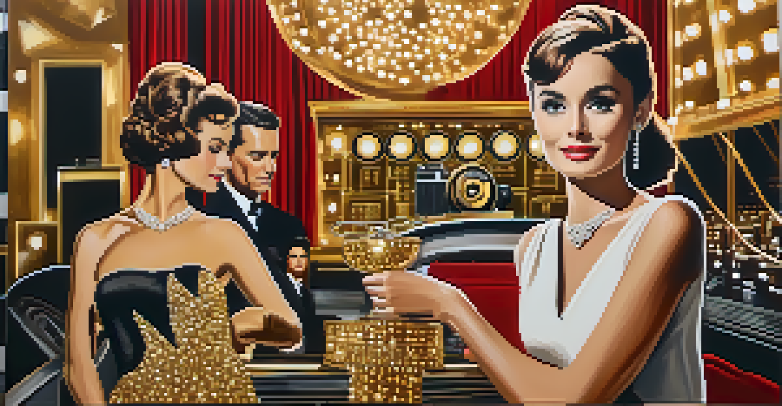 A glamorous collage of Hollywood stars from the Golden Age in an elegant movie theater setting.