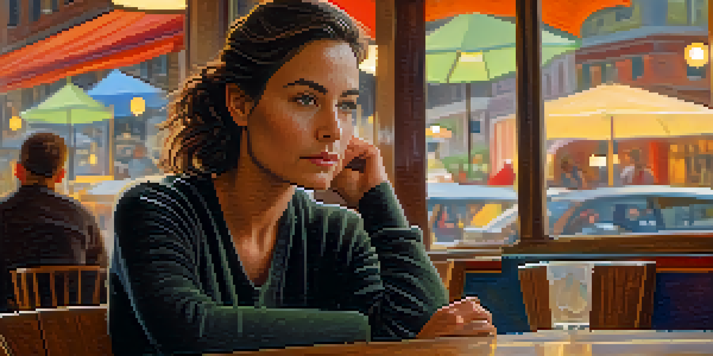 A woman sitting alone in a café, her face in focus while the background is softly blurred, creating an intimate atmosphere.