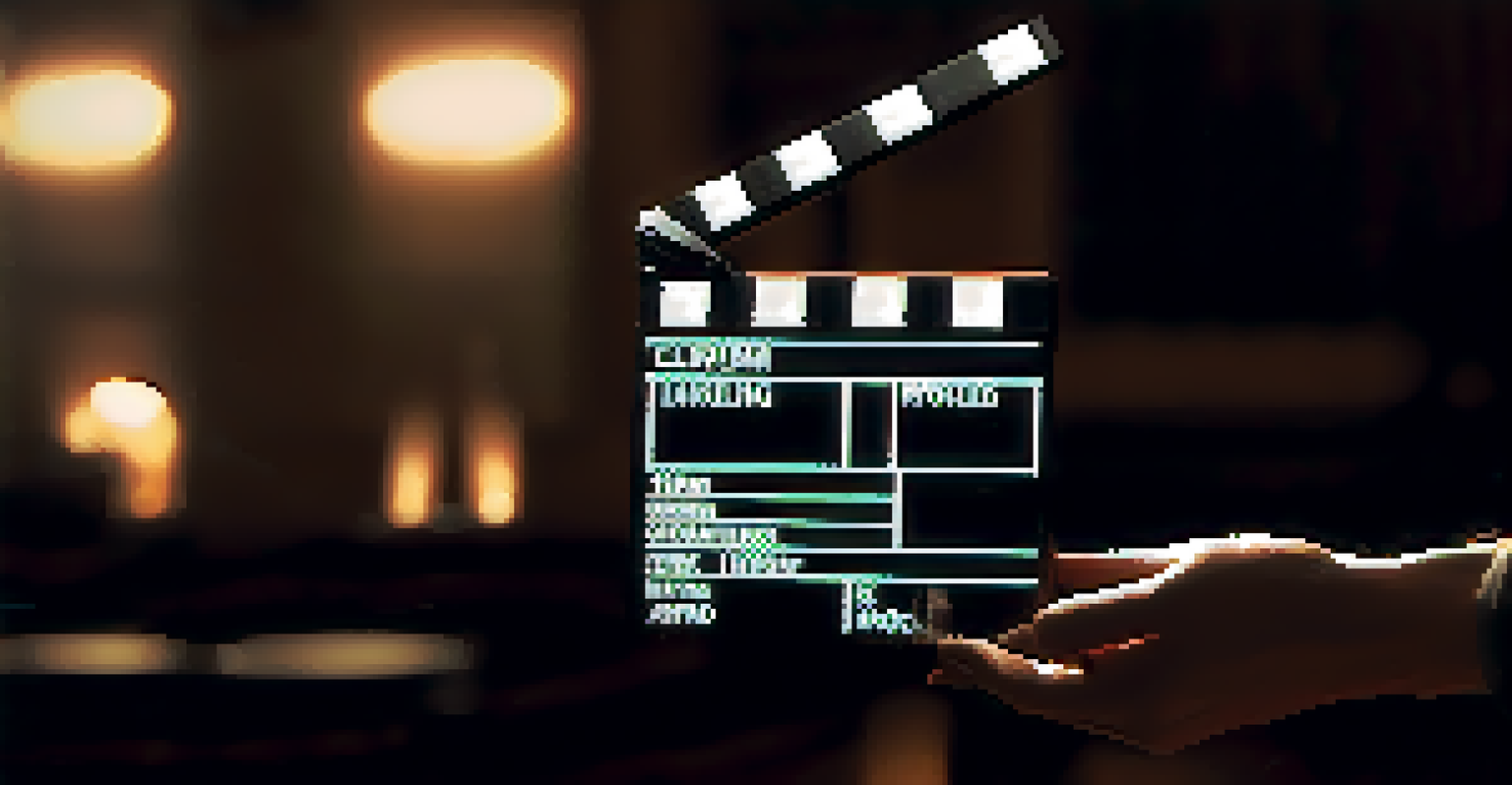 Close-up of a director's hand holding a clapperboard on a dimly lit film set.