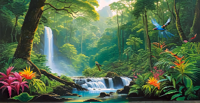 A vibrant rainforest scene with a waterfall, sunlight filtering through trees, and colorful flowers.