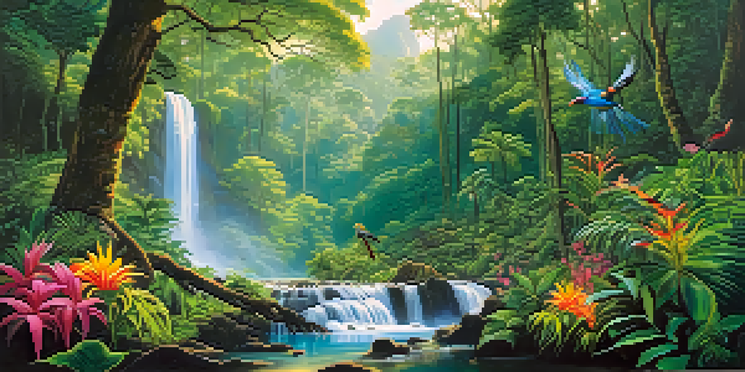 A vibrant rainforest scene with a waterfall, sunlight filtering through trees, and colorful flowers.