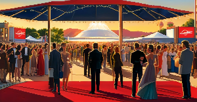 A lively film festival at sunset with a red carpet, fans, photographers, and elegantly dressed attendees.