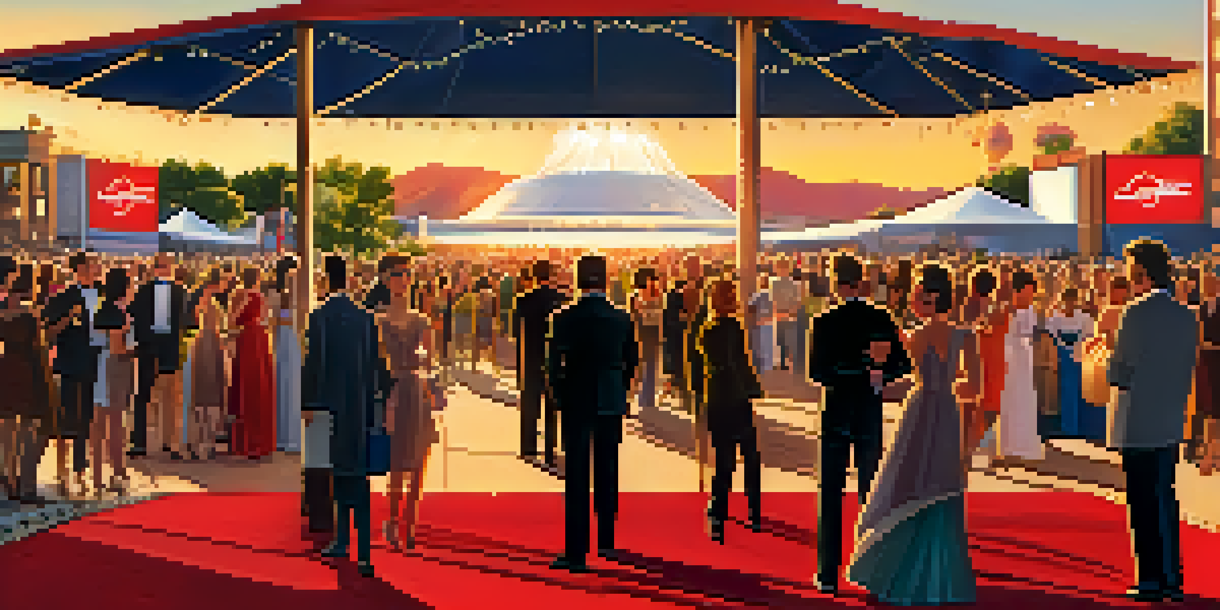 A lively film festival at sunset with a red carpet, fans, photographers, and elegantly dressed attendees.