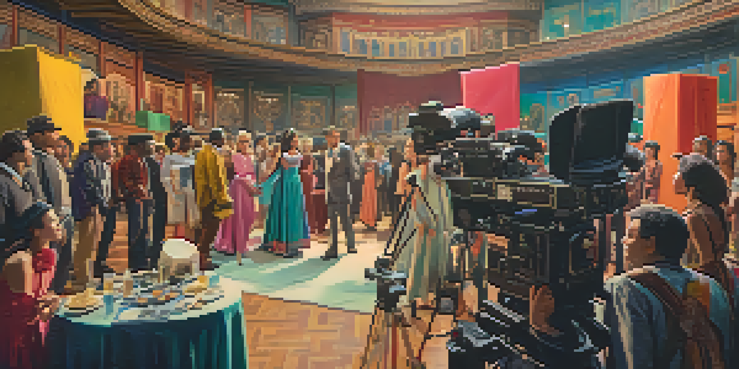 A vibrant film set with diverse actors in costumes, a large camera, and crew members working together under soft natural light.