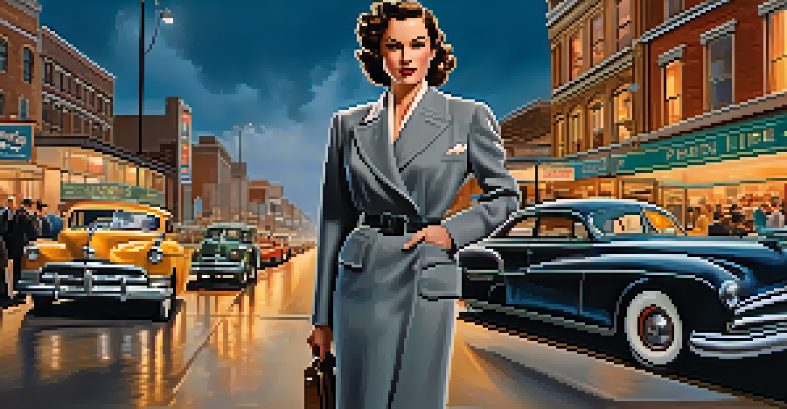 A strong female lead from the 1940s in a tailored suit, standing confidently on a city street at dusk with vintage cars.