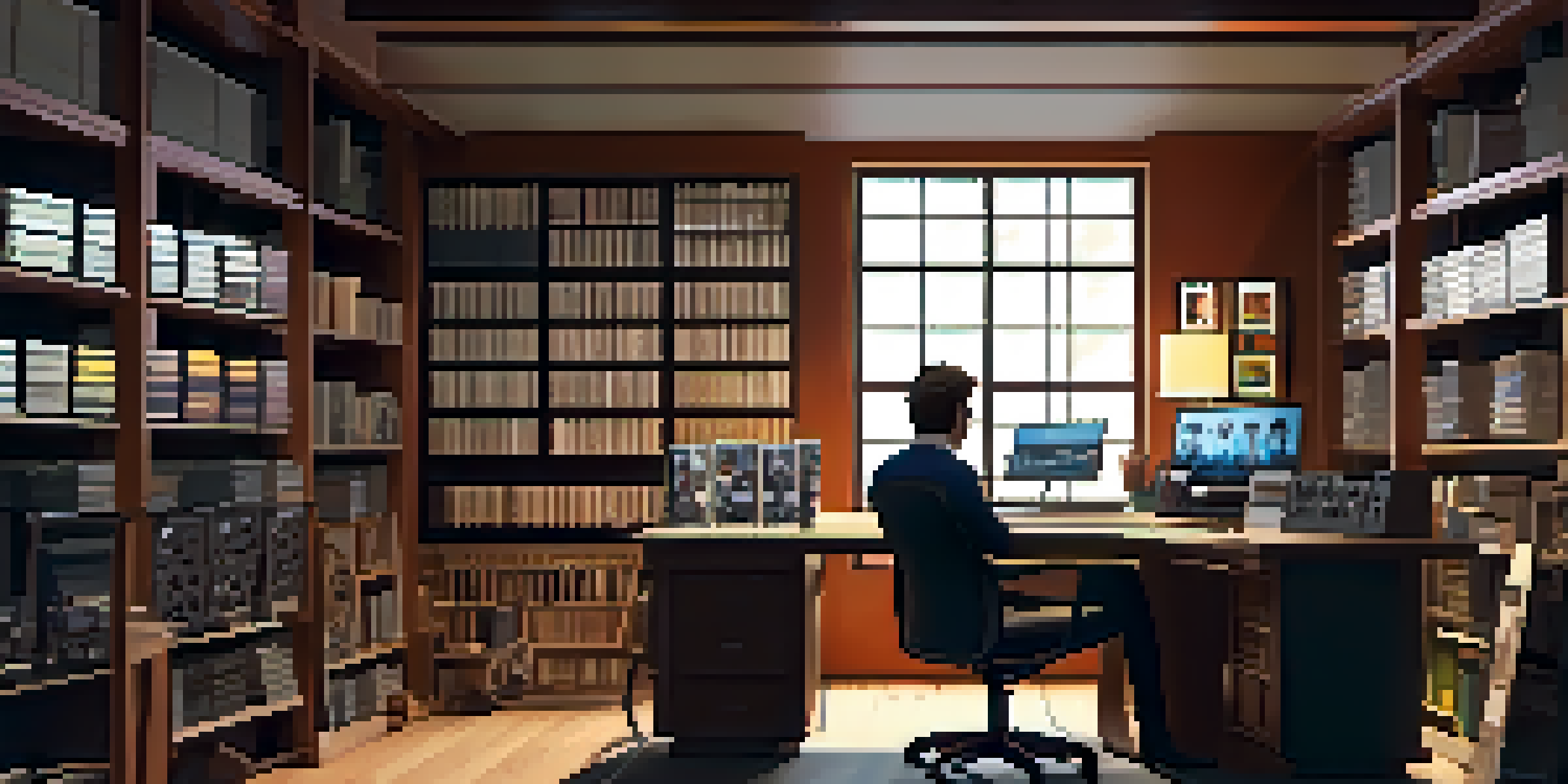 A warm and inviting film editing studio featuring vintage film reels and modern technology, with a director and editor collaborating on a project.