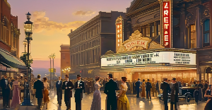 A vintage cinema scene in the early 1900s with couples in period attire and a glowing marquee sign.