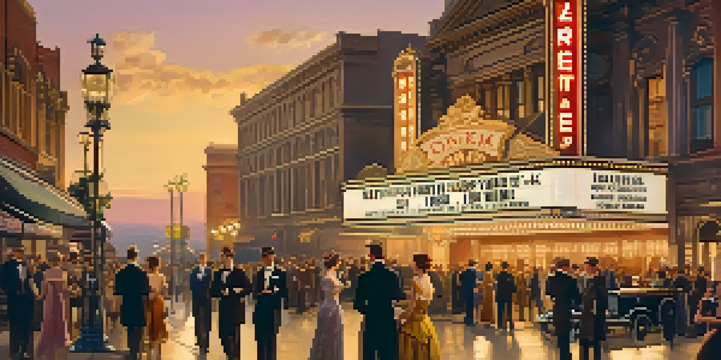A vintage cinema scene in the early 1900s with couples in period attire and a glowing marquee sign.