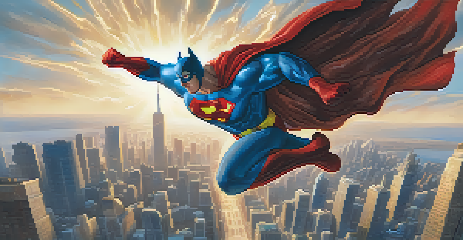 A superhero flying above a busy city, showcasing dynamic action and energy trails in the sky.