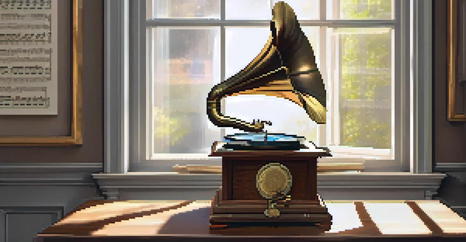 A vintage gramophone on a wooden table with sunlight streaming in, creating a nostalgic atmosphere.