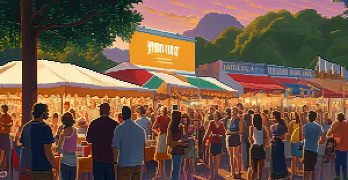 A lively outdoor film festival where filmmakers display their movies, with colorful banners and a diverse crowd engaging in conversation under a warm sunset.