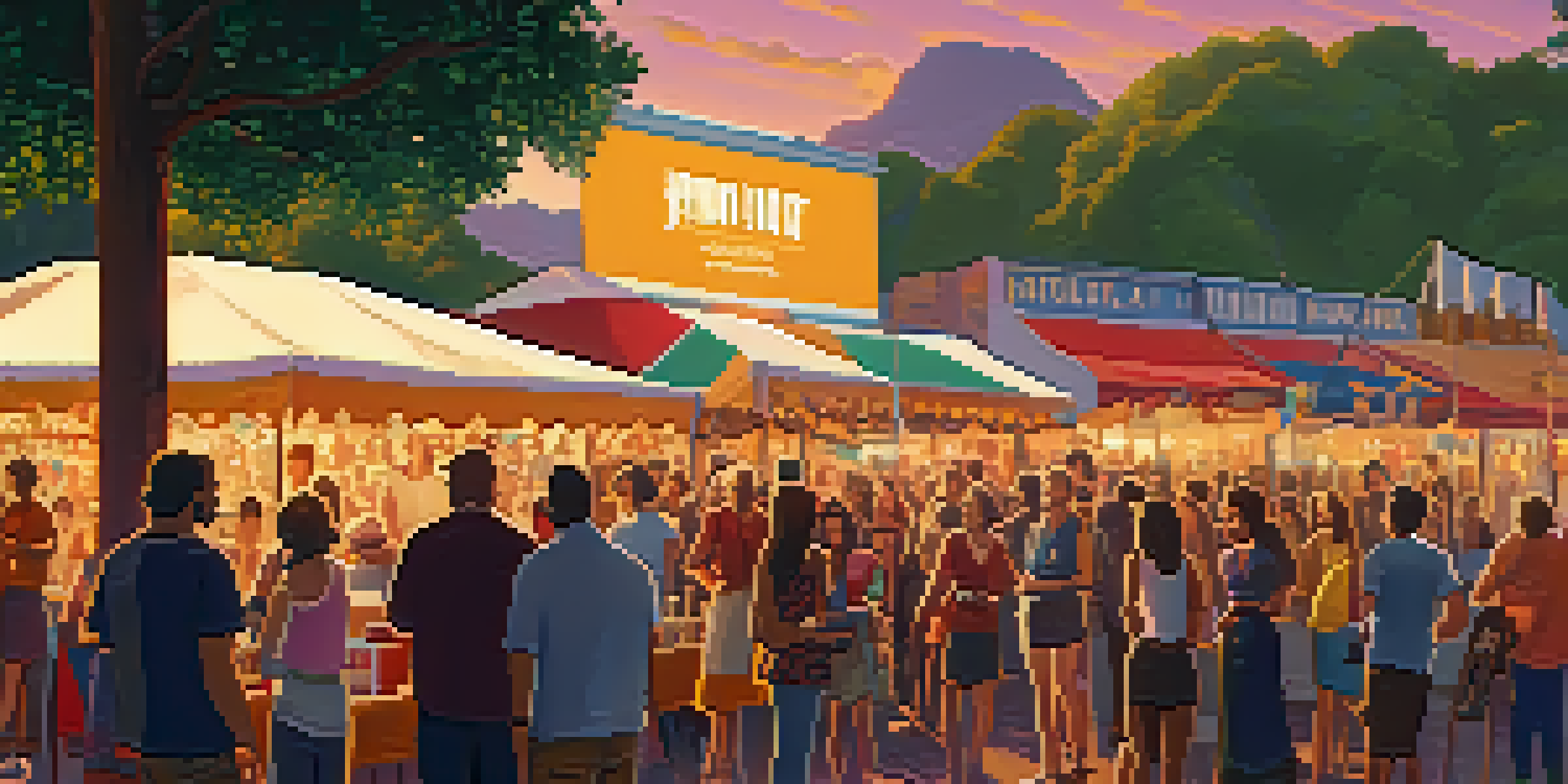 A lively outdoor film festival where filmmakers display their movies, with colorful banners and a diverse crowd engaging in conversation under a warm sunset.
