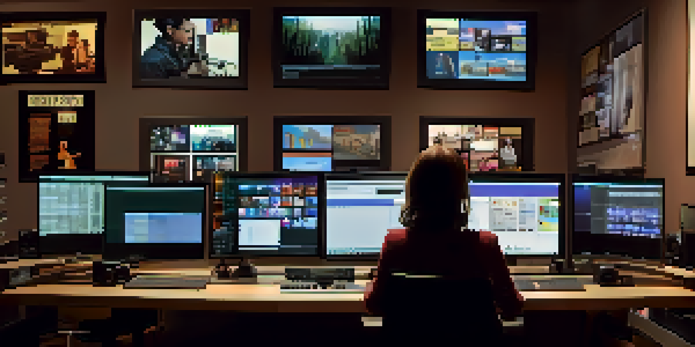 A film editor in a modern editing suite, concentrating on multiple screens with film clips, surrounded by movie posters and awards.