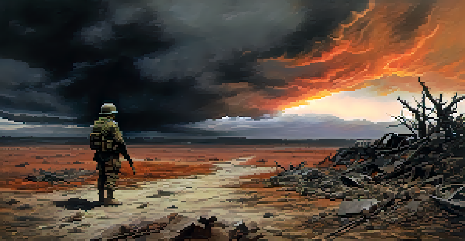 A desolate war-torn landscape with a lone soldier silhouetted against a dramatic sky.