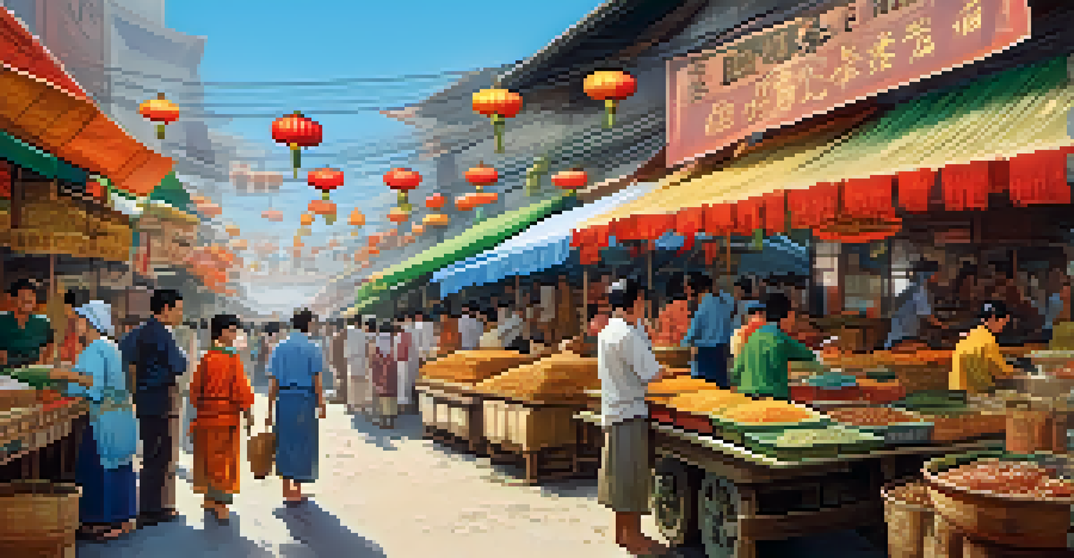 A bustling street market in an Asian country with colorful stalls and diverse people enjoying the local culture.