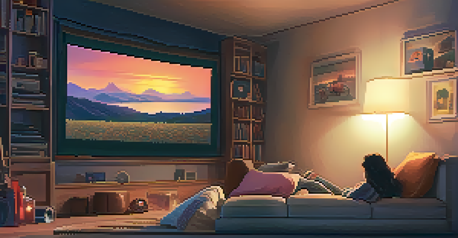 A young woman emotionally engaged in watching a movie in a cozy, dimly lit room filled with film posters.