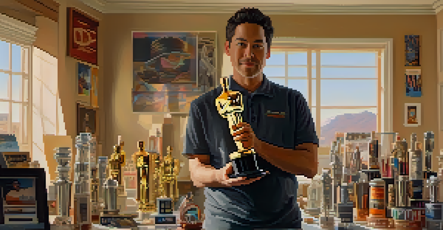 An artist in a studio holding an Oscar trophy, looking proud and contemplative, with warm sunlight illuminating the space.
