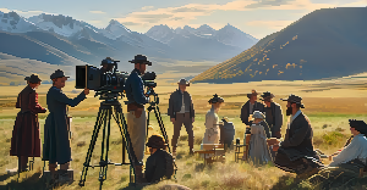 An outdoor film shoot in a beautiful landscape with mountains, crew setting up a shot, and actors in costumes.