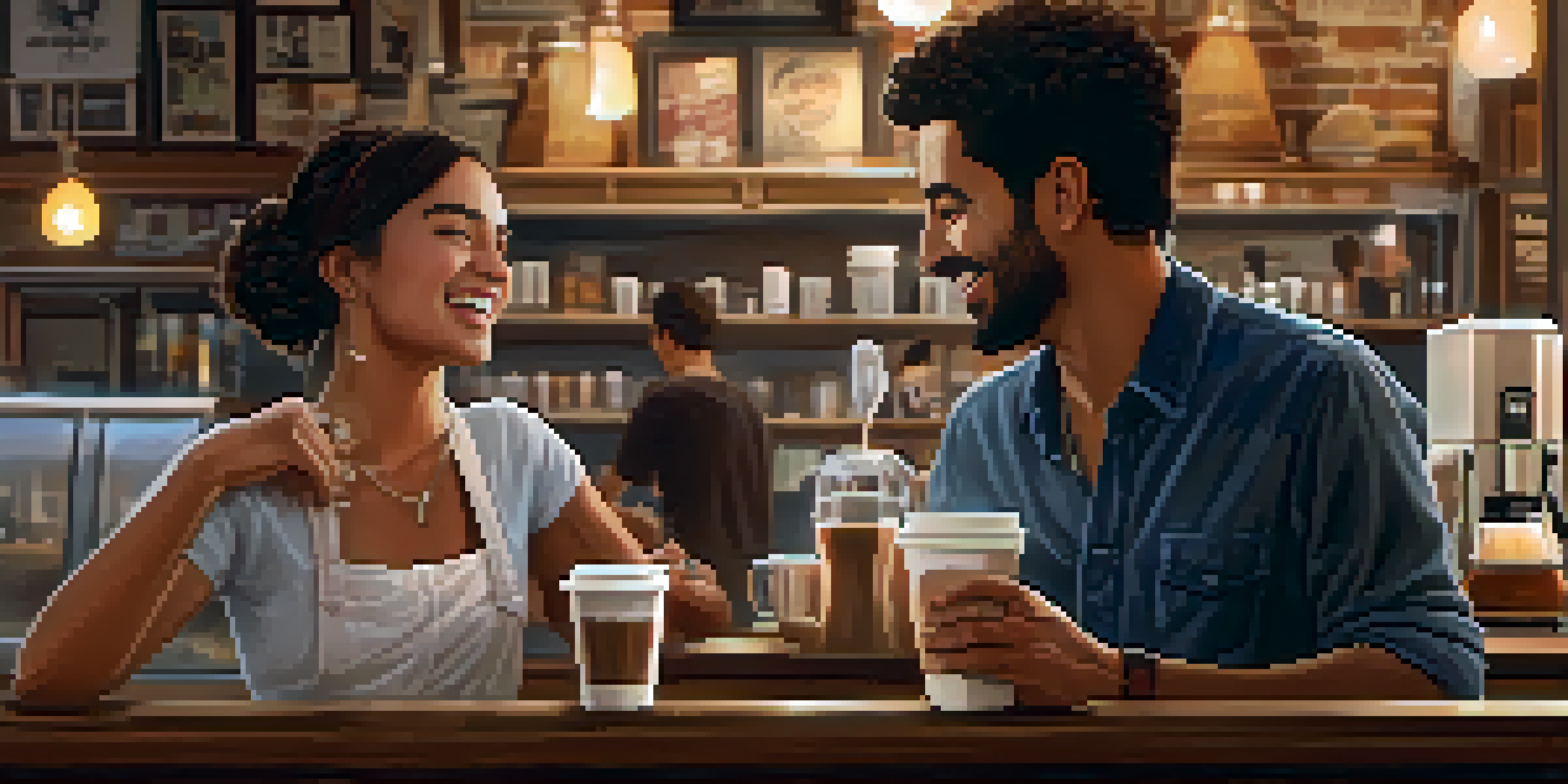 Two friends having an animated conversation in a warm and inviting coffee shop.