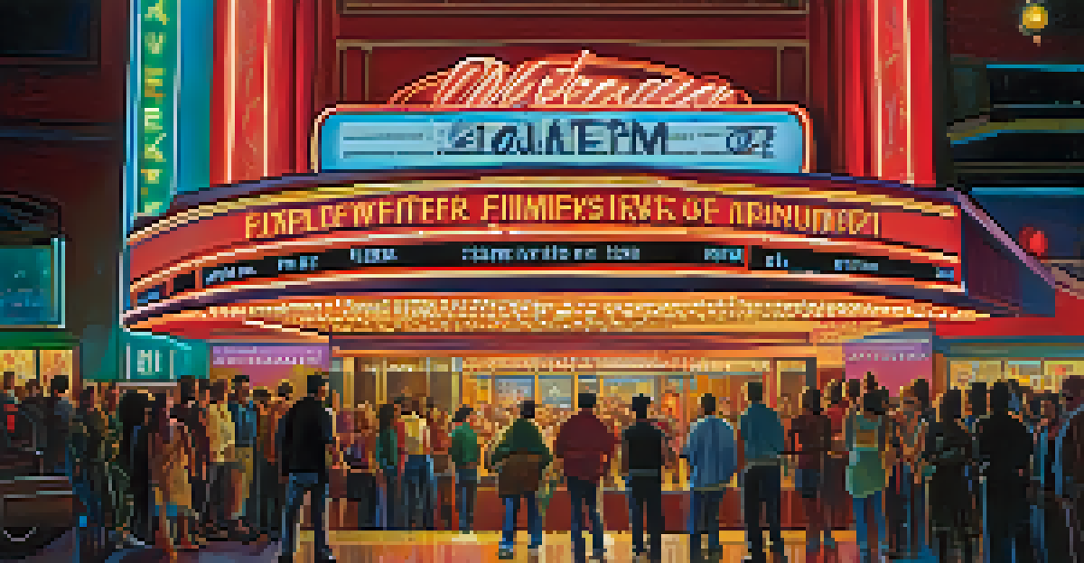 A lively movie theater entrance with a promotional poster for a diverse film featuring actors of different backgrounds.