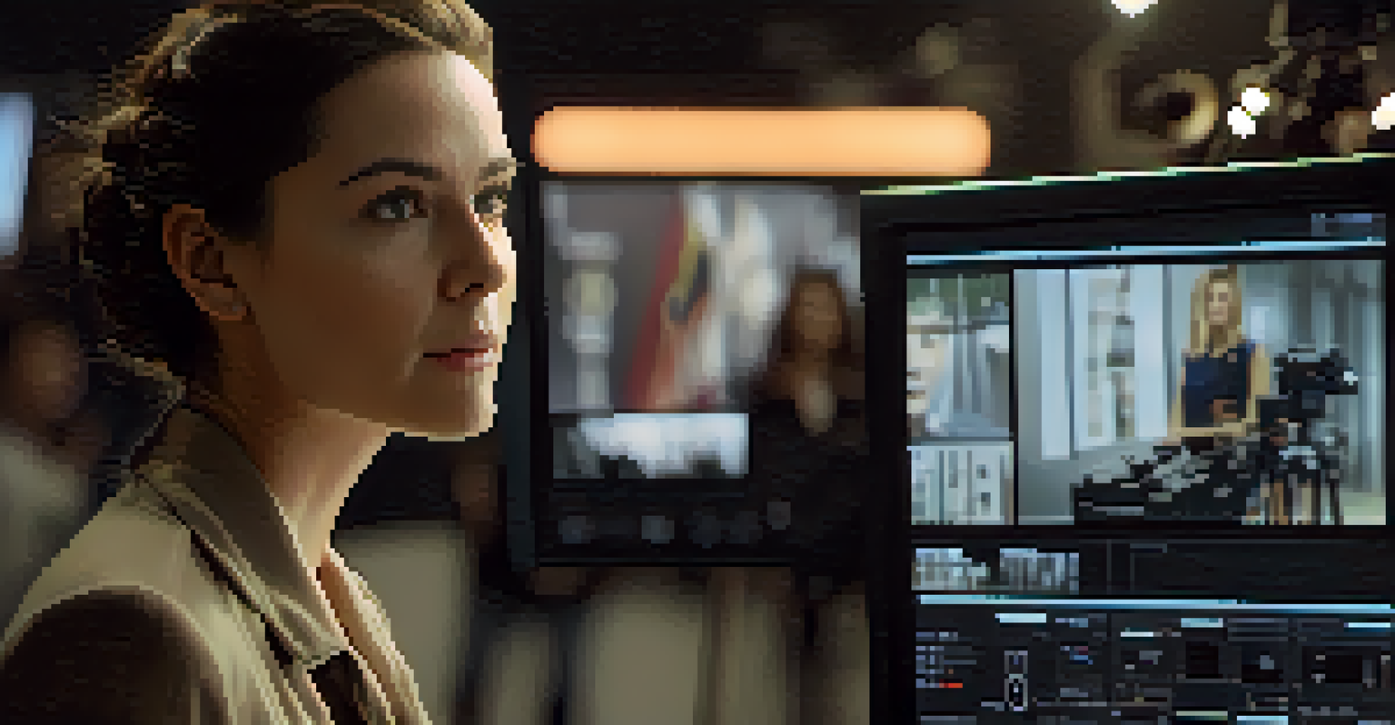 A female film director focused on a monitor, with a film crew busy in the background.
