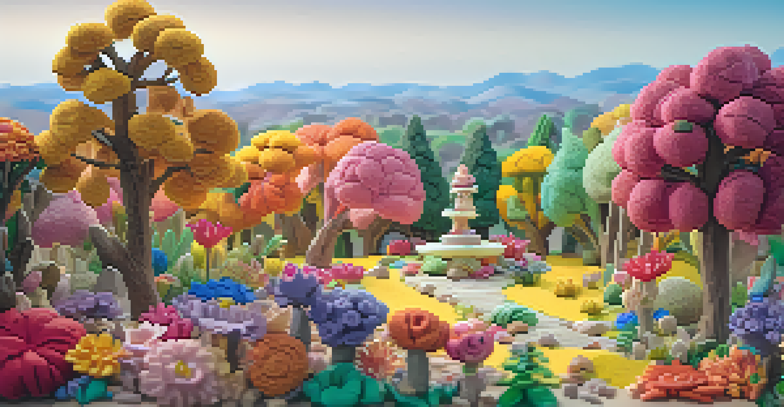 A charming clay character in a vibrant stop-motion landscape with textured trees and colorful flowers, illuminated by natural light.