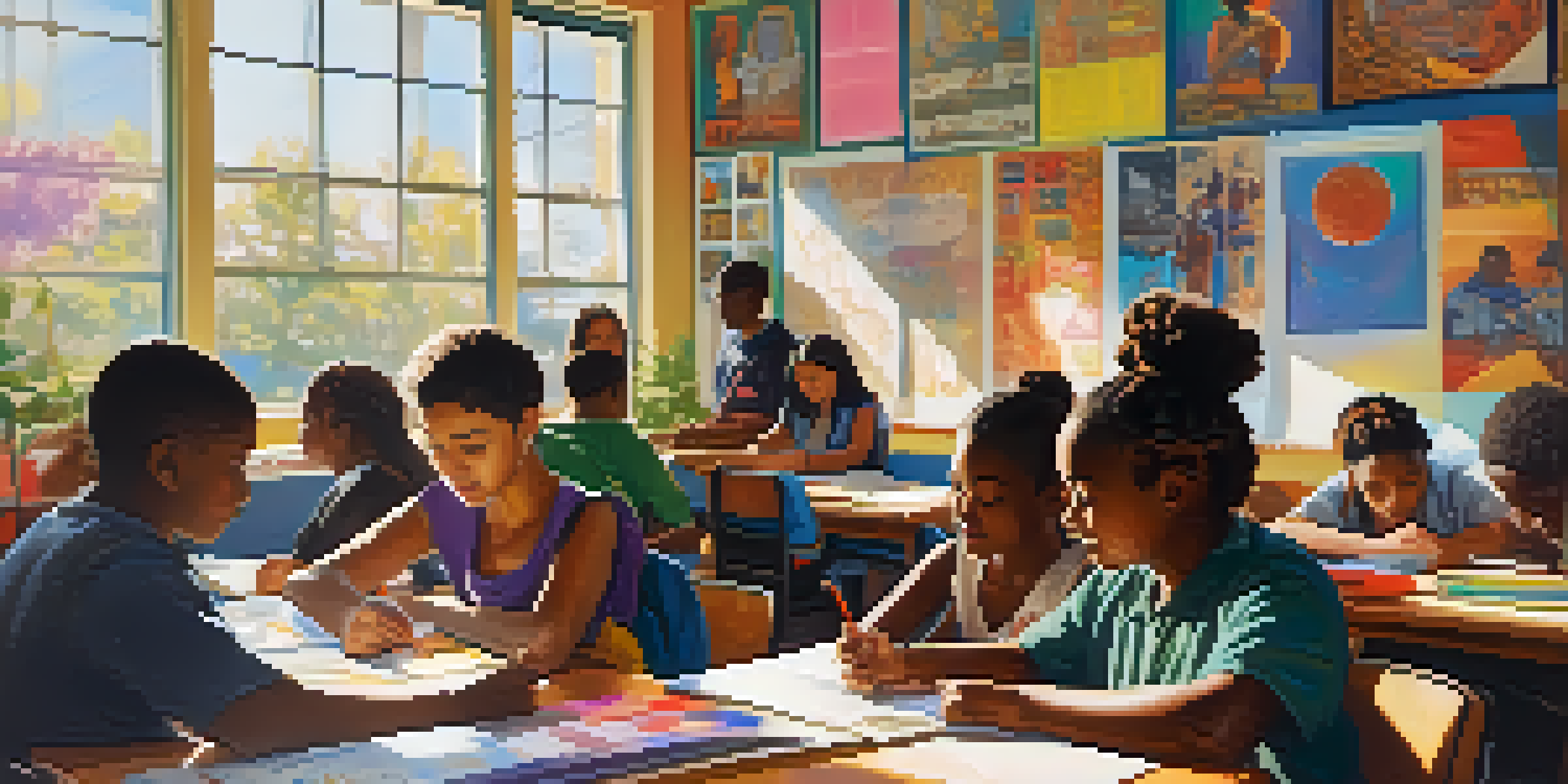 A diverse group of students working together in a bright classroom, with posters celebrating cultures and sunlight streaming in.