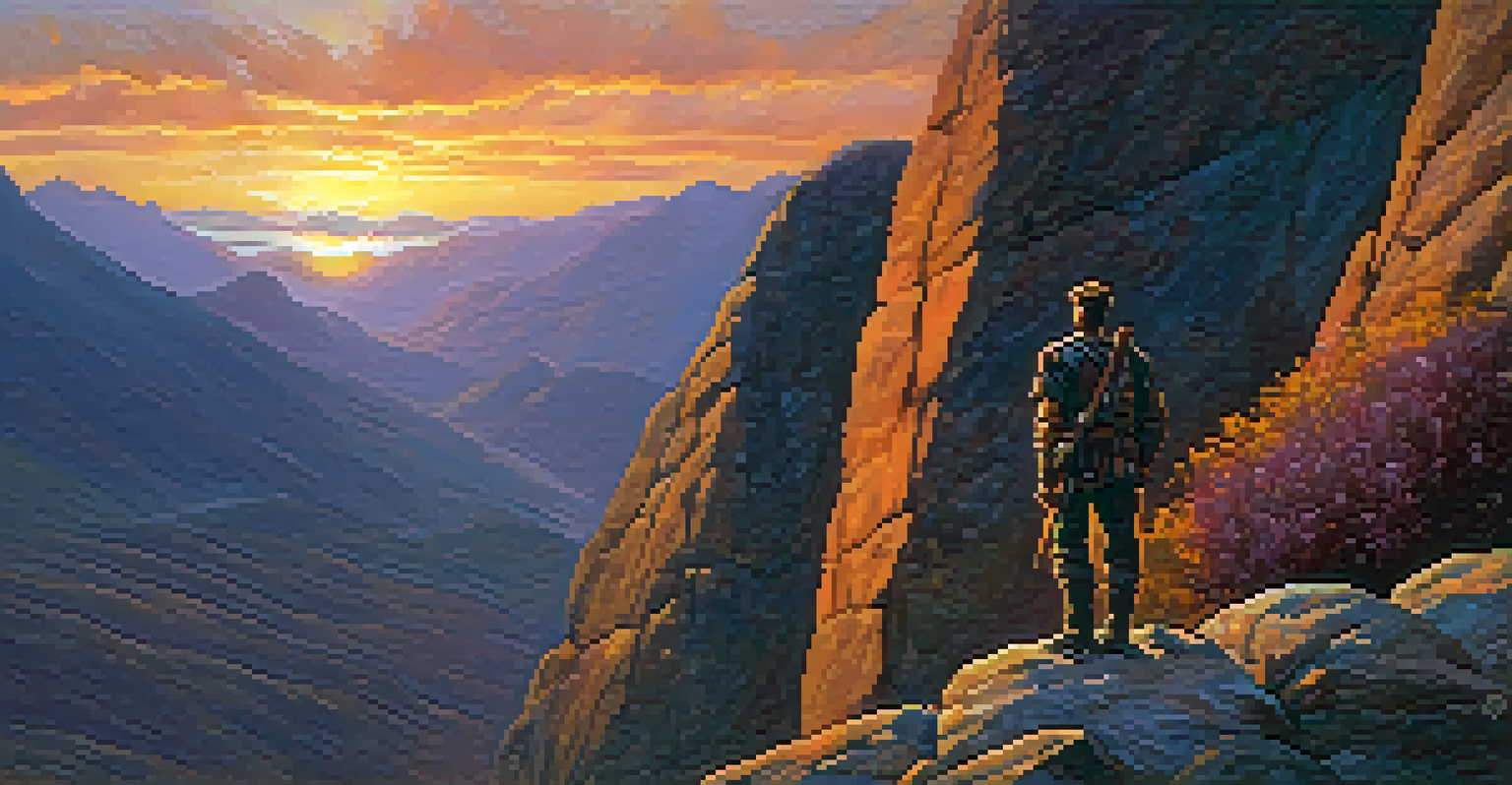 A tall, heroic character standing on a mountain peak during sunset, with a dramatic low-angle view.