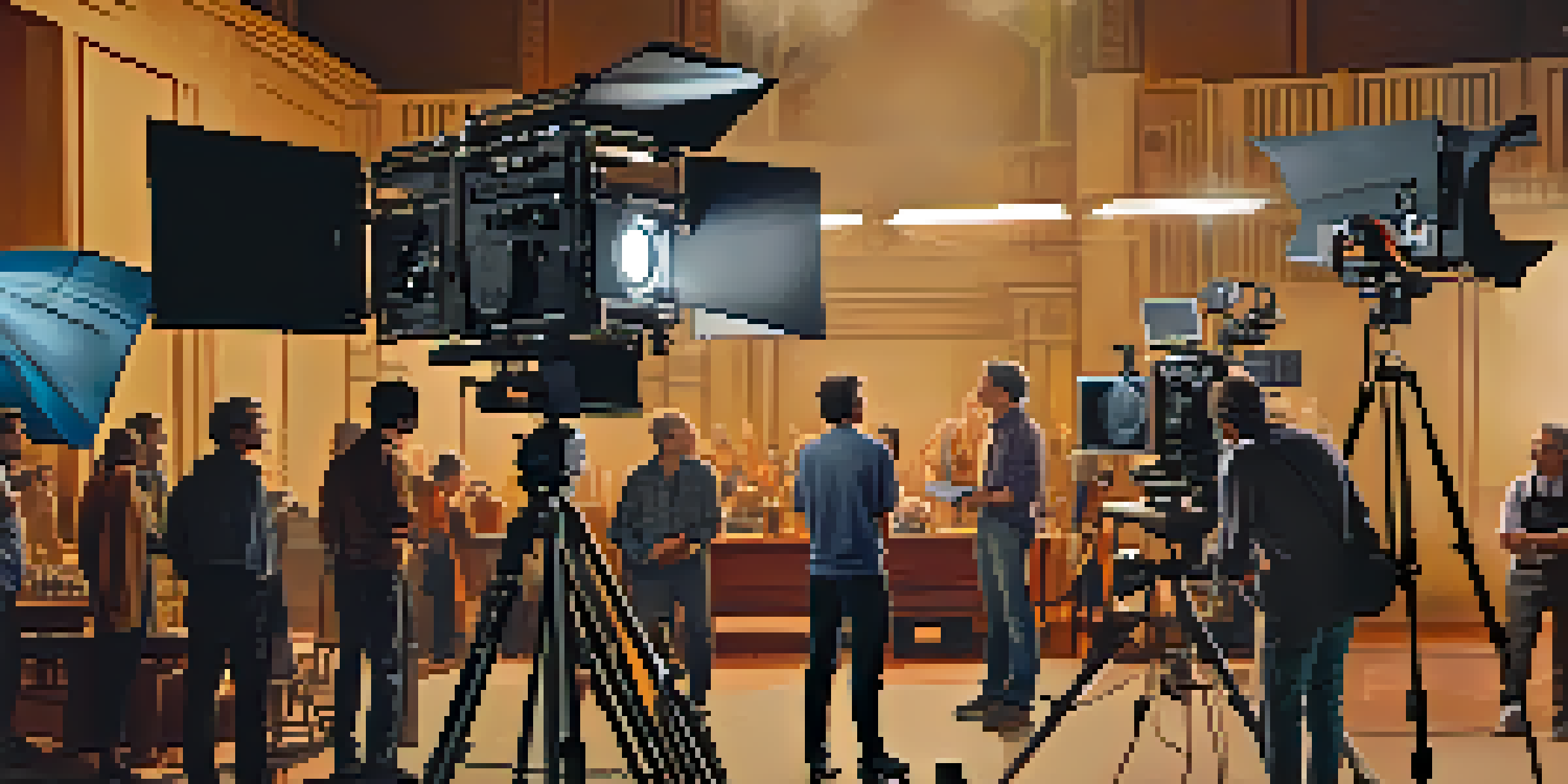 A female film director on set, engaged in discussion with a cinematographer, surrounded by crew and colorful film equipment.