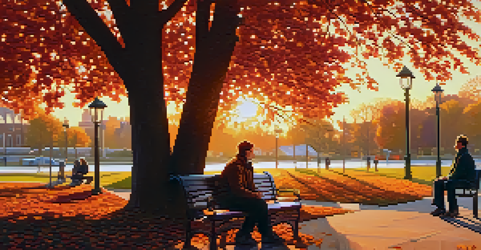 Two individuals having a deep conversation on a park bench during sunset, surrounded by autumn leaves.