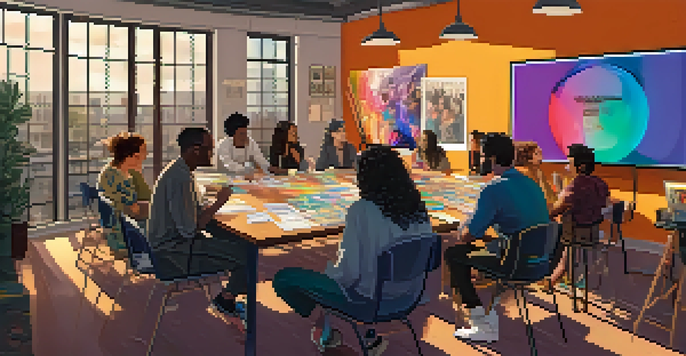 A diverse group of LGBTQ+ filmmakers engaged in a brainstorming session, surrounded by colorful storyboards and film equipment, illuminated by natural light.