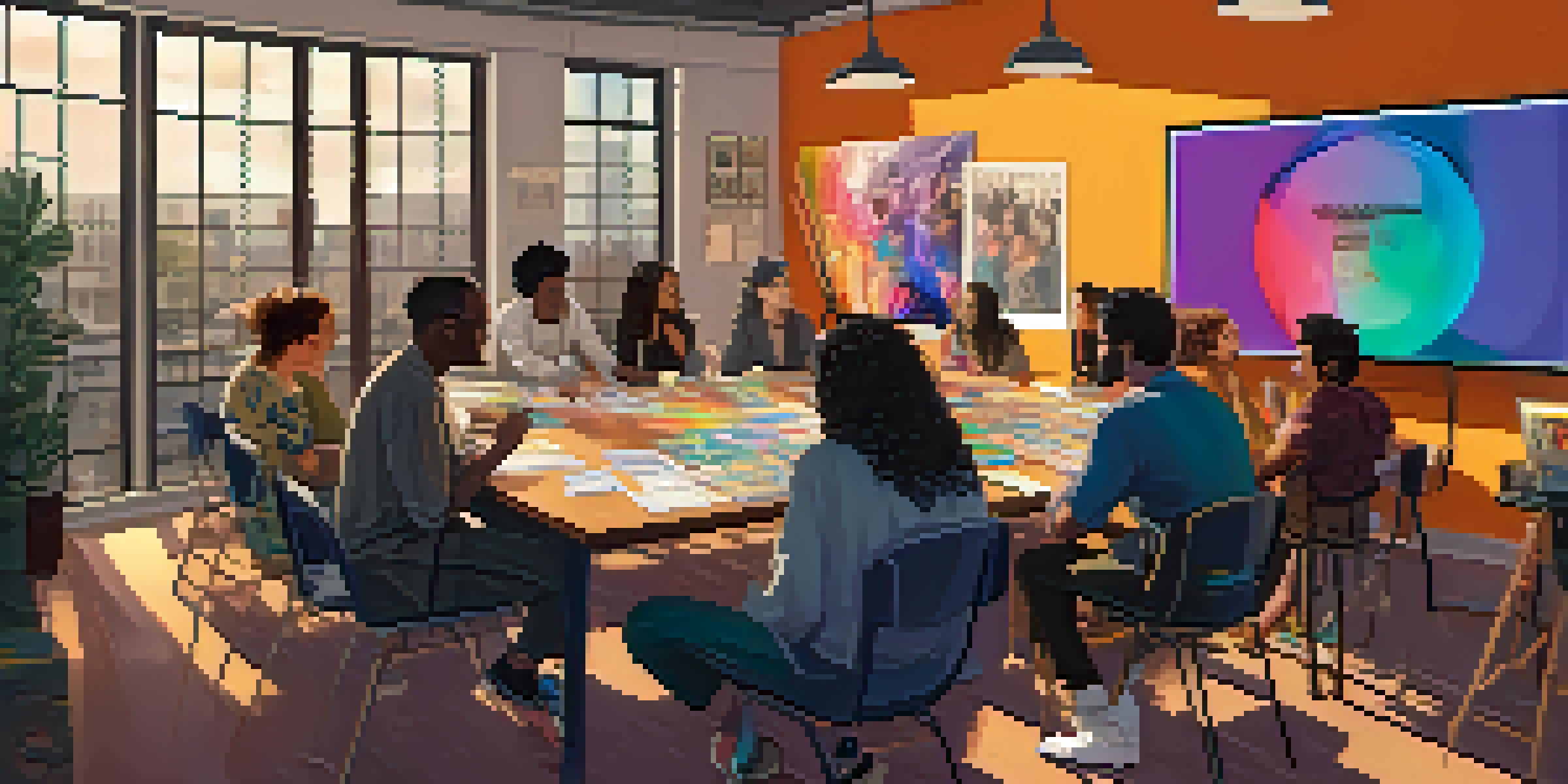A diverse group of LGBTQ+ filmmakers engaged in a brainstorming session, surrounded by colorful storyboards and film equipment, illuminated by natural light.
