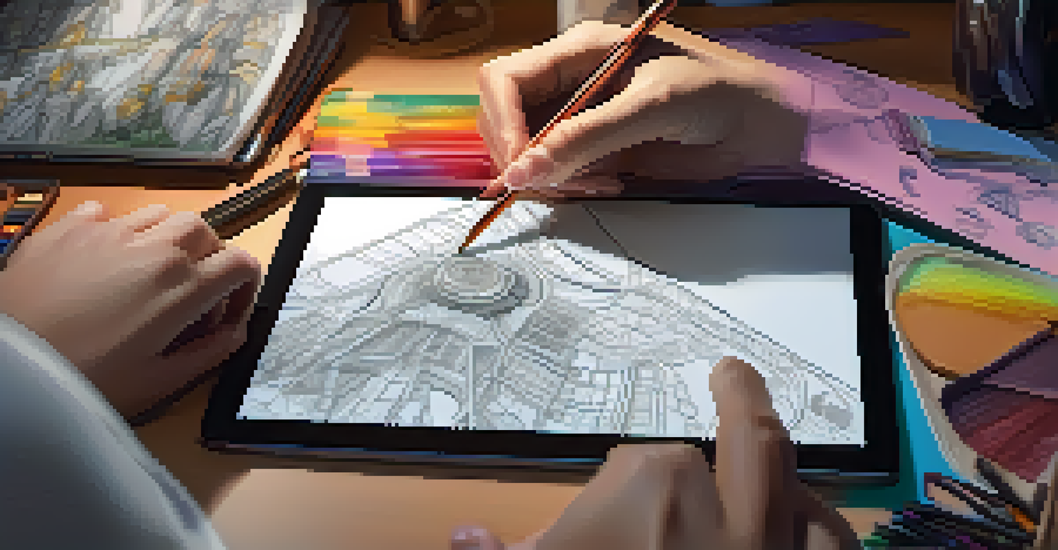 A female animator drawing on a digital tablet, with character designs visible on the screen and a creative workspace around her.