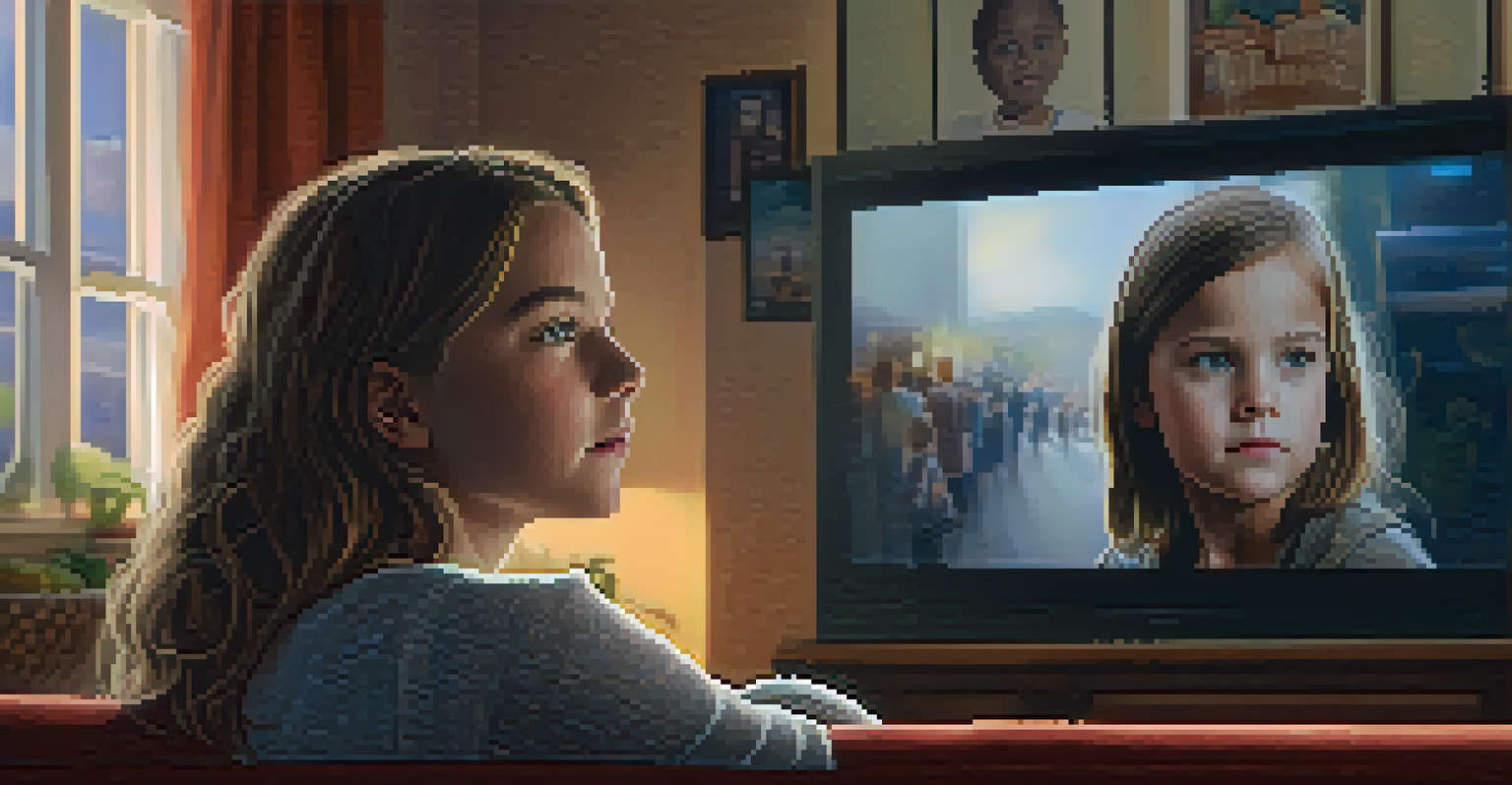 A young girl watching a movie with a strong female lead, her face illuminated by the screen's glow, in a cozy living room.
