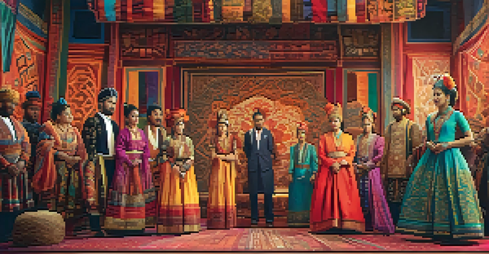 A diverse group of actors in traditional cultural costumes rehearsing on a film set, with colorful fabrics and warm lighting.