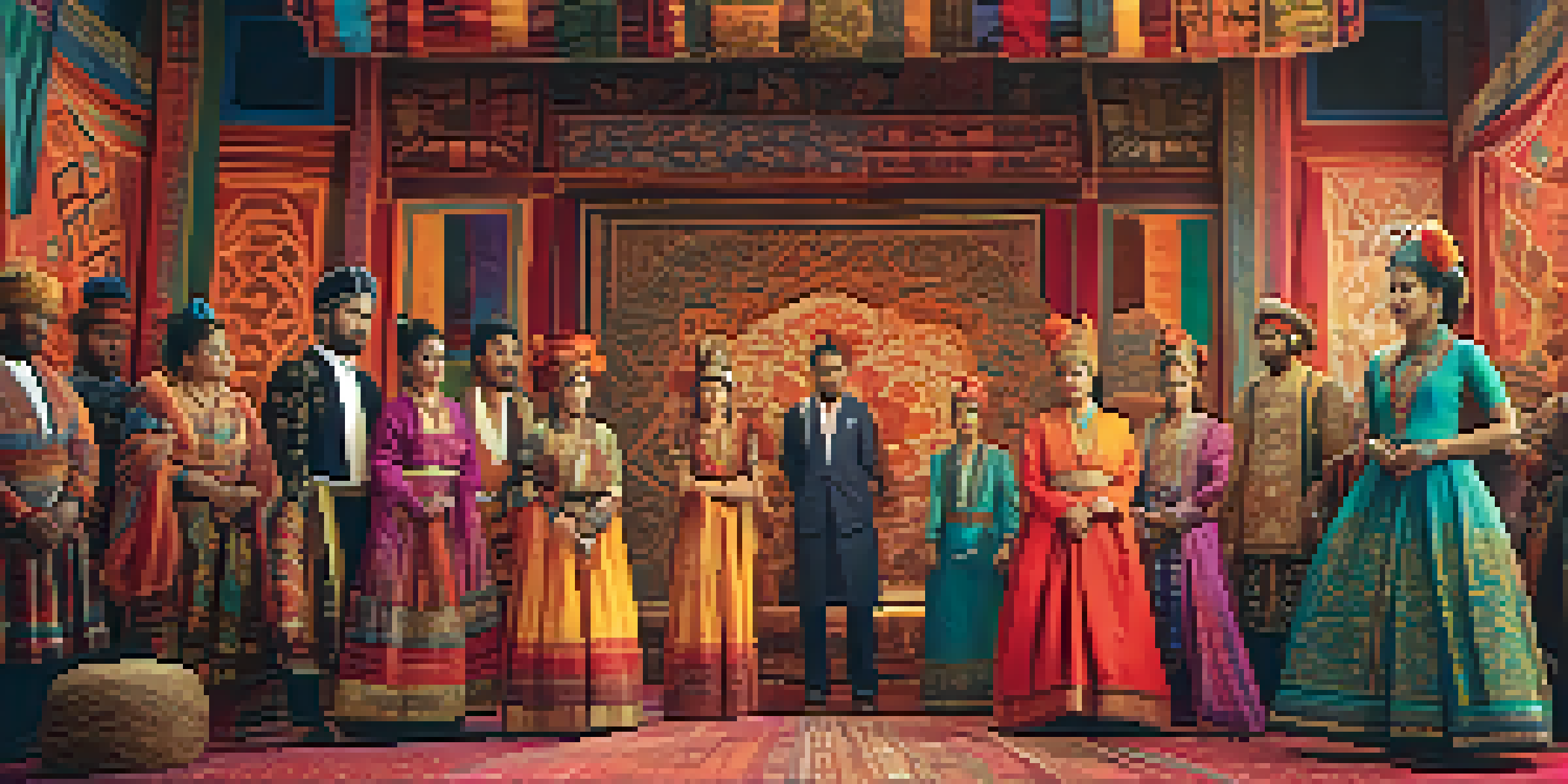 A diverse group of actors in traditional cultural costumes rehearsing on a film set, with colorful fabrics and warm lighting.
