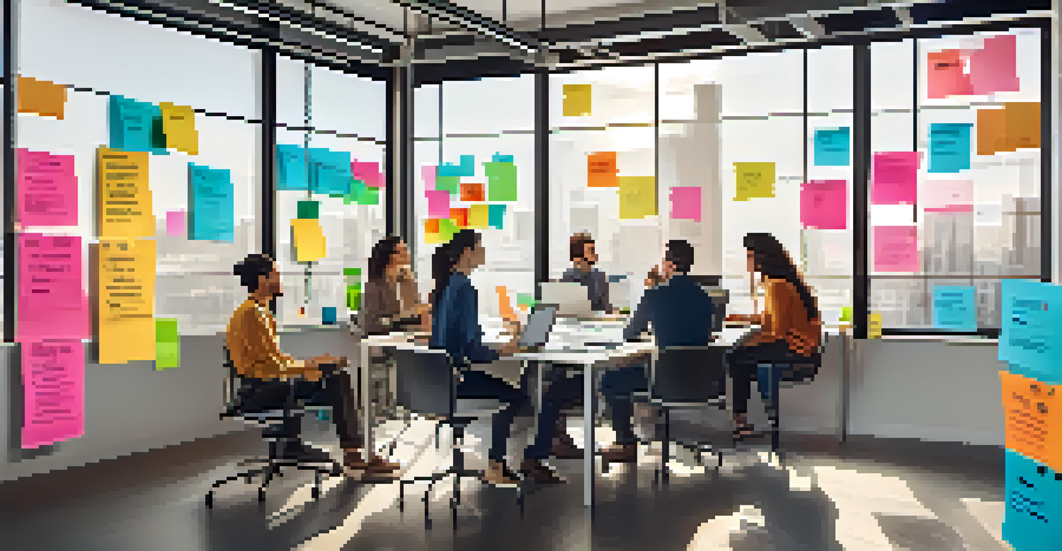 A marketing team brainstorming in a modern office with colorful sticky notes and laptops showing data, illuminated by natural light.