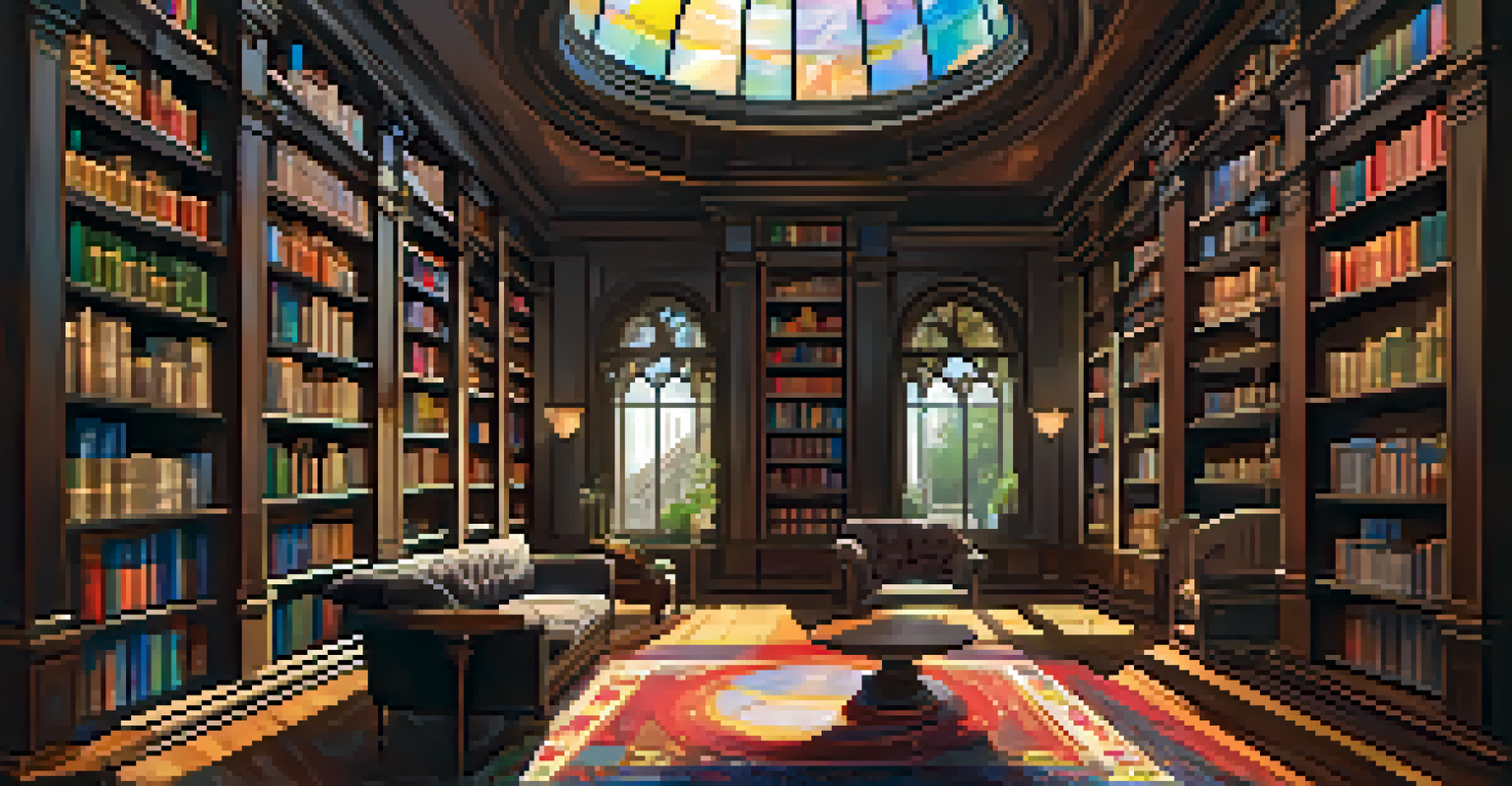 An elegant library with tall bookshelves, a globe in the center, and sunlight filtering through stained glass windows.