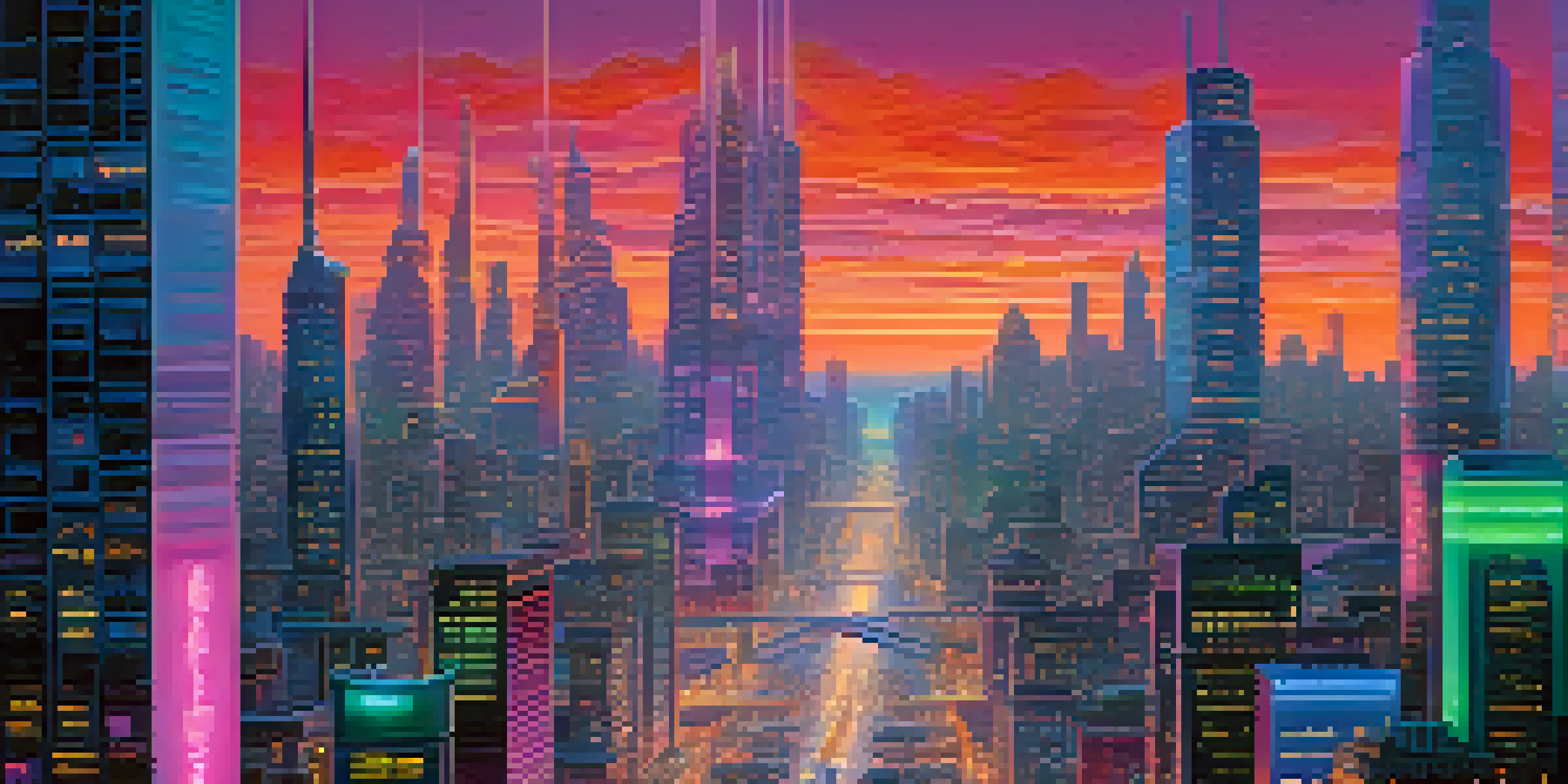 A colorful futuristic cityscape with glowing skyscrapers and flying vehicles at dusk.