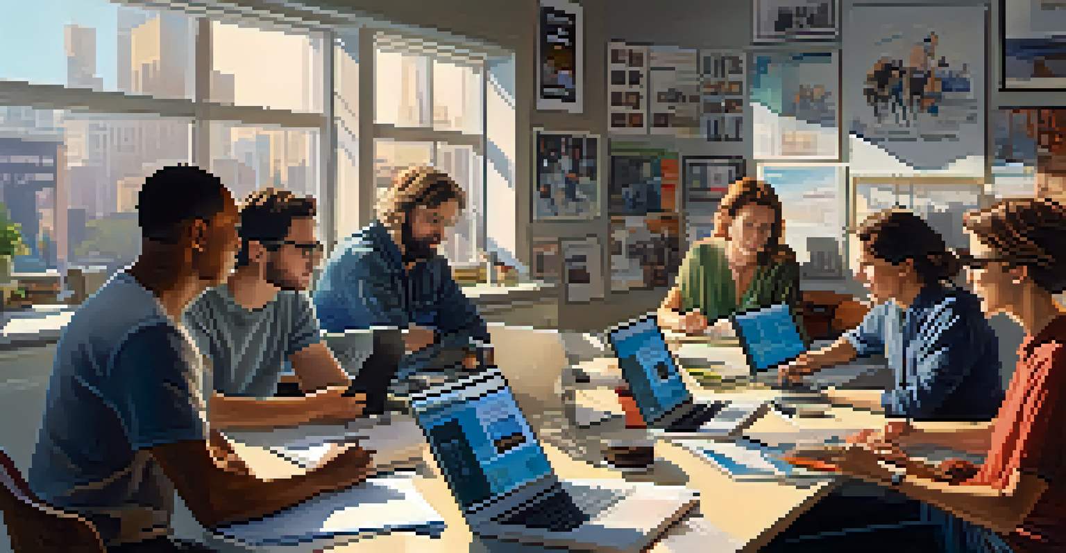 A diverse group of screenwriters collaborating in a bright, modern workspace.