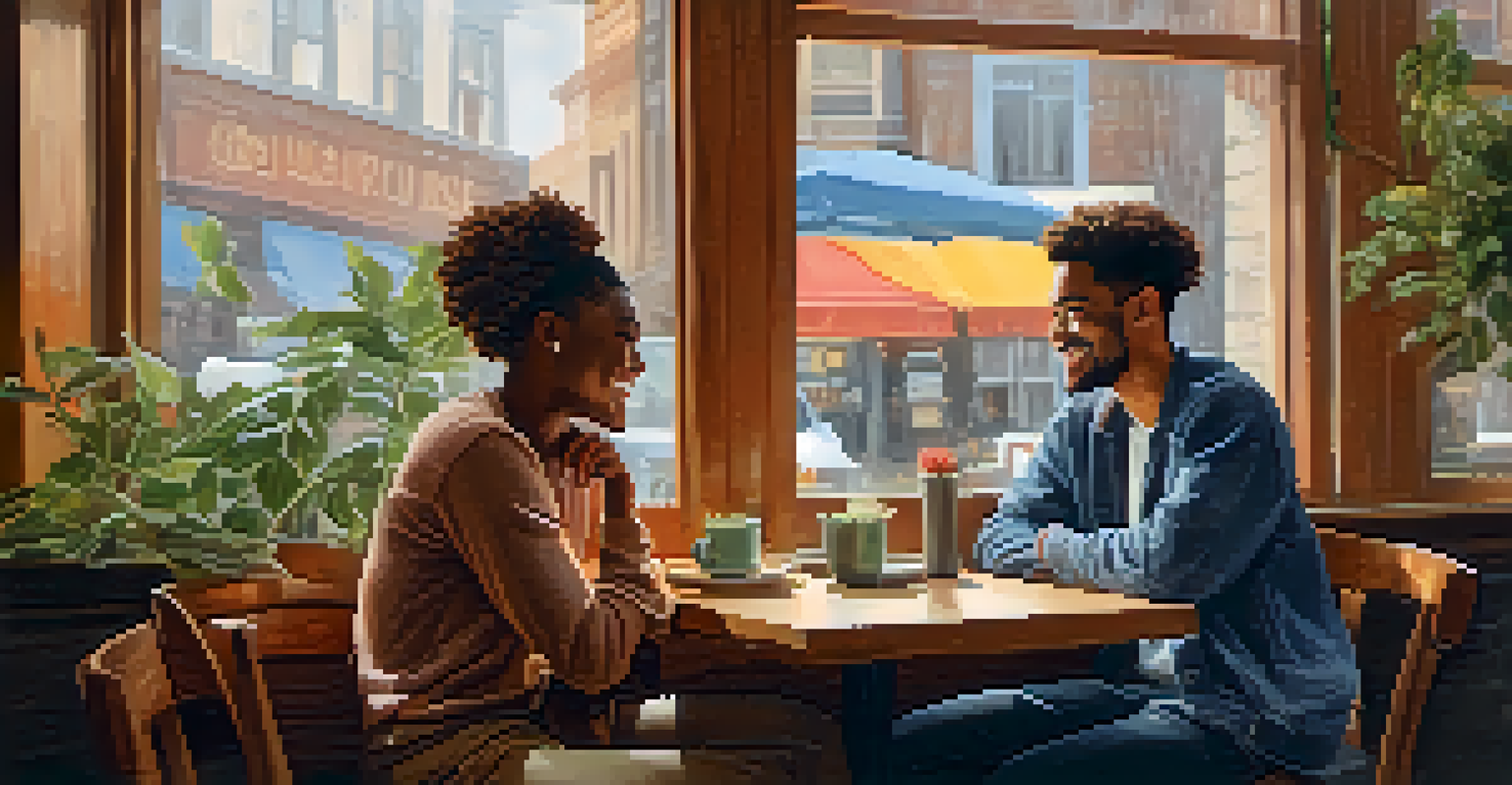 A warm and cozy café scene with two individuals from the LGBTQ+ community sharing a laugh over coffee.
