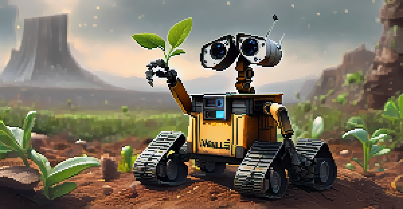A cute robot in a junkyard holding a small plant, symbolizing hope in an environmental theme.