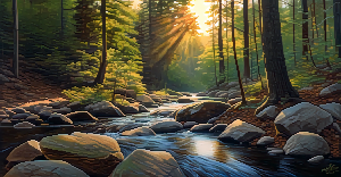 A peaceful forest scene at sunset with sunlight filtering through leaves and a clear stream reflecting warm colors.