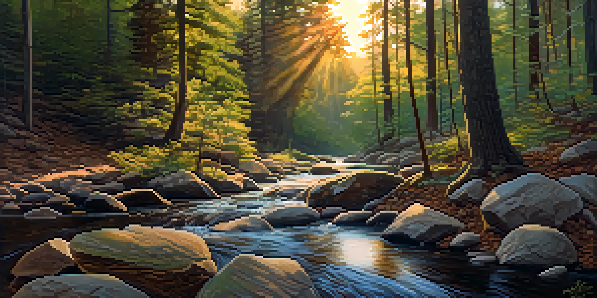 A peaceful forest scene at sunset with sunlight filtering through leaves and a clear stream reflecting warm colors.
