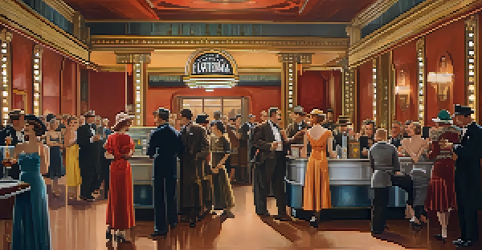 A vintage cinema lobby filled with patrons in early 20th-century attire, featuring art deco designs and silent film posters.