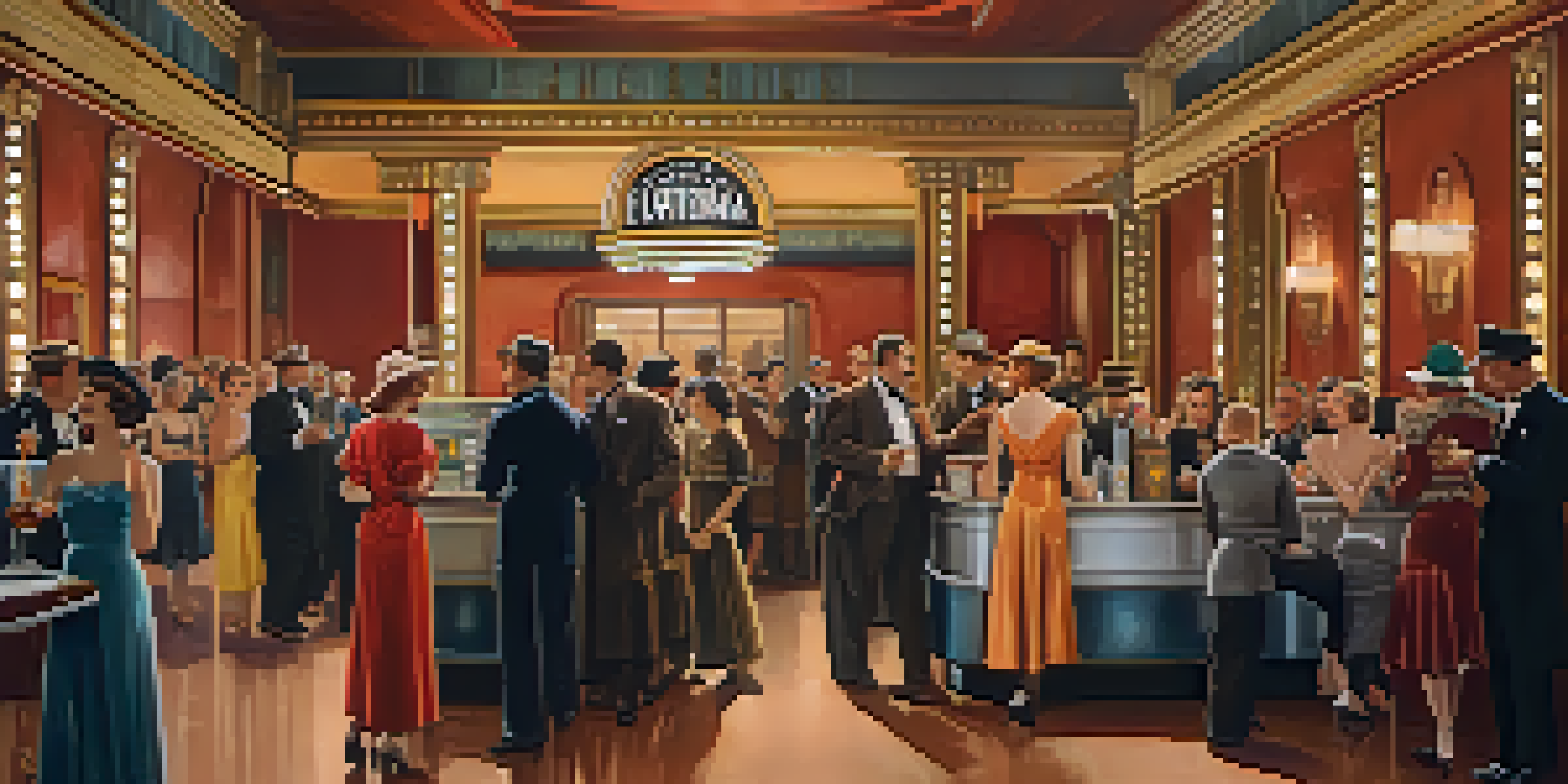 A vintage cinema lobby filled with patrons in early 20th-century attire, featuring art deco designs and silent film posters.