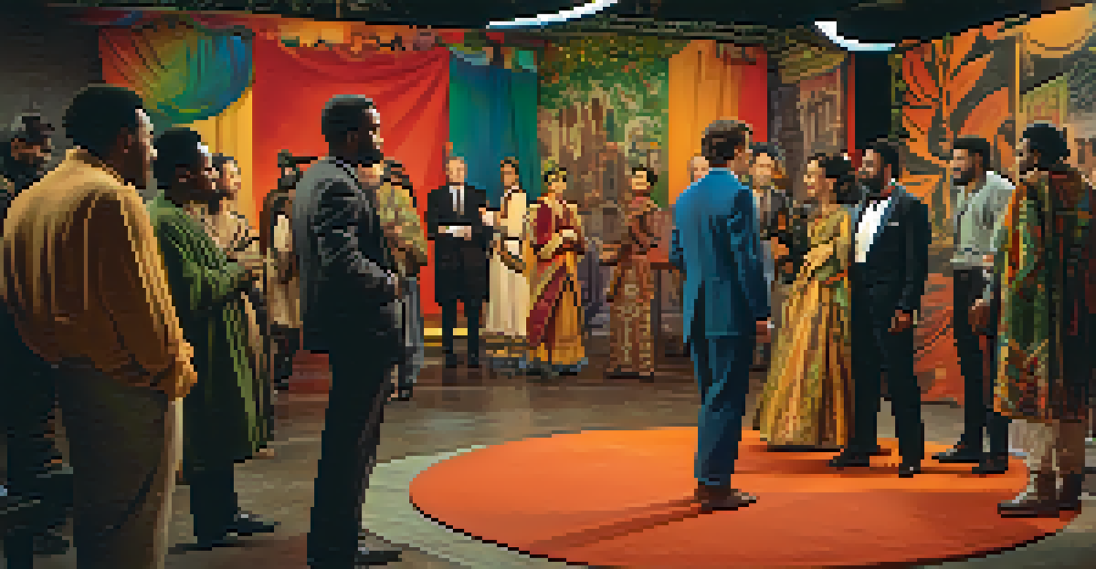 A diverse group of actors on a film set, engaged in discussion with colorful cultural backdrops and warm lighting.